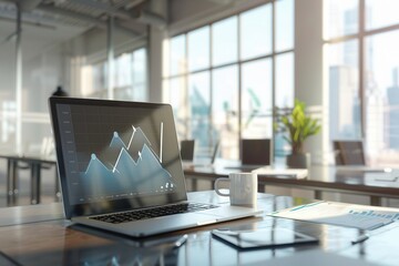 Leinwandbilder - A sleek office features a laptop with financial charts, a coffee mug, and large windows allowing abundant natural light. Generative AI