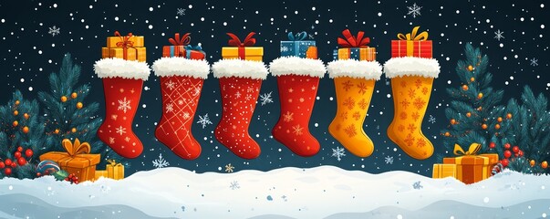 Wall Mural - Colorful Christmas stockings hang against a snowy background, adorned with presents, creating a festive holiday scene.