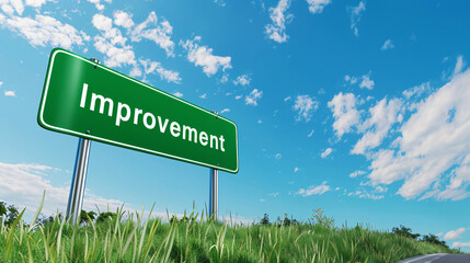 Aufkleber - Beautiful landscape with a green road sign under a blue sky and clouds, symbolizing progress