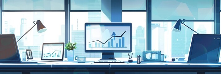 Poster - A bright and modern office features large windows, dual computer monitors displaying graphs, and a green plant, creating an inspiring work environment. Generative AI