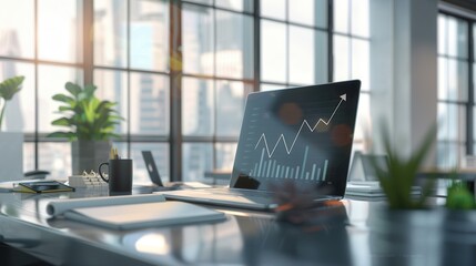 Poster - Natural light fills a sleek office where a laptop displays a rising graph amidst greenery and business materials on a polished desk. Generative AI