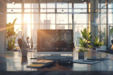 Leinwandbilder - A contemporary office filled with sunlight showcases a computer displaying growth charts among stylish decor and plants. Generative AI