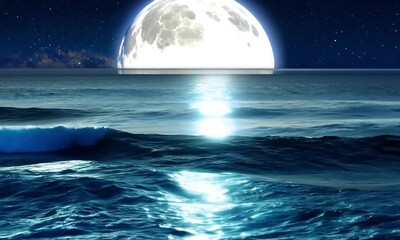 Wall Mural - A moonlit night over the ocean with a giant, glowing full moon casting silver light on the gentle wave