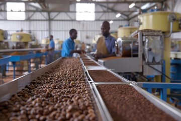 cashew nuts and shells moving on a conveyor belt are being processed by factory workers in a cashew 