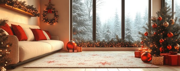 Cozy living room decorated for Christmas, featuring a tree, presents, and a wintery view through large, bright windows.