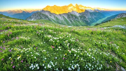 Wall Mural - Alpine Wildflower Paradise: A breathtaking panorama of an alpine meadow bursting with vibrant wildflowers, framed by majestic snow-capped mountains and a clear blue sky. 2