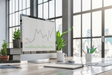 Leinwandbilder - A bright office workspace showcases a computer displaying data trends beside plants, notebooks, and stationery, creating an inviting atmosphere. Generative AI