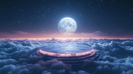 Wall Mural - A Stone Platform Above a Sea of Clouds with a Full Moon and Stars in the Night Sky