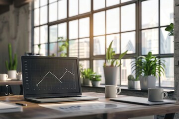 Poster - A sleek office environment with large windows allows sunlight to illuminate a workspace featuring a laptop with graphical data and minimalist decor. Generative AI