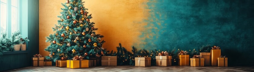 Wall Mural - Festive Christmas tree adorned with ornaments and surrounded by beautifully wrapped gifts in a cozy home setting.