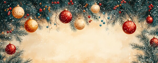 Wall Mural - Festive holiday background featuring colorful ornaments and pine branches, perfect for Christmas celebrations and seasonal greetings.