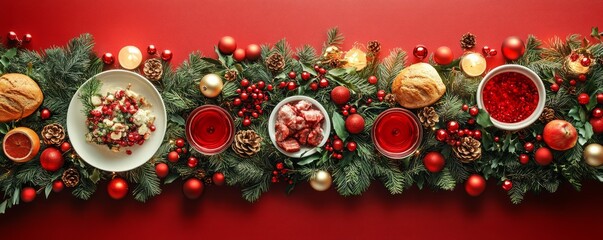 Wall Mural - Festive holiday table setting with red decorations, treats, and greenery, creating a warm Christmas atmosphere.