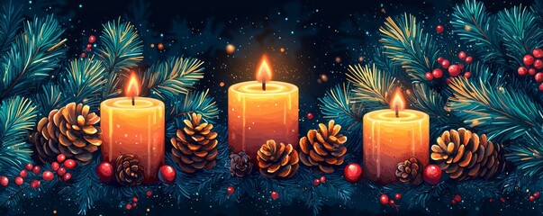 Wall Mural - Festive scene featuring glowing candles surrounded by pine, cones, and vibrant decorations, perfect for holiday celebrations.