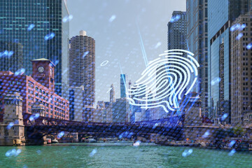 Wall Mural - Digital fingerprint overlay on cityscape with river and buildings.