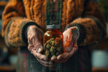 An elderly person preparing his medical prescription, a dose of cannabis buds. Use of CBD in senior health to reduce rheumatism and pain, Generative AI