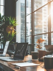 Leinwandbilder - A modern office features large windows that invite natural light, showcasing a workspace with laptops, plants, and a vibrant atmosphere. Generative AI