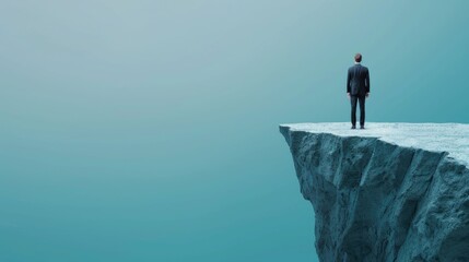 Lone businessman in suit standing on cliff edge contemplating risk and opportunity  Concept of insurance underwriting financial analysis strategic planning and career decision making