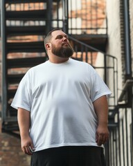 Poster - A confident model showcases a white XXL T-shirt in an urban setting