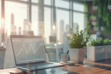 Poster - A sleek office features a laptop displaying data trends, alongside greenery and a coffee cup, illuminated by warm sunset light through expansive windows. Generative AI