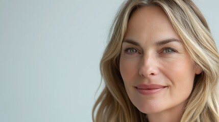 Wall Mural - Close-up portrait of a confident mature middle-aged woman against a plain background with copyspace.