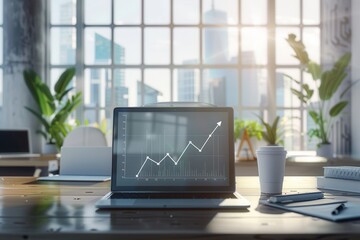 Poster - A sleek office filled with natural light features a laptop displaying a rising graph and a warm beverage on a desk surrounded by greenery. Generative AI