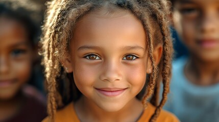 Close up portrait of a beautiful smiling little African girl with dreadlocks and brown eyes