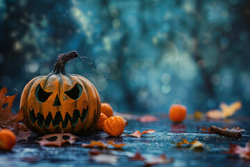 Wall Mural - Spooky carved pumpkin on a wooden surface surrounded by mini pumpkins and autumn leaves, under a mysterious blue backdrop.