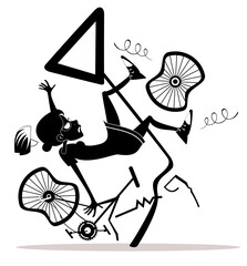 Wall Mural - Bicycle accident. Falling down cyclist woman. 
Cyclist woman smashed into a road sign. Black and white illustration
