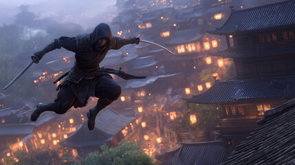 A stealthy 3D ninja with a black outfit and twin katanas, leaping across rooftops in an ancient Japanese village with lanterns and shadows, the mood is tense and mysterious with a sense of stealth,