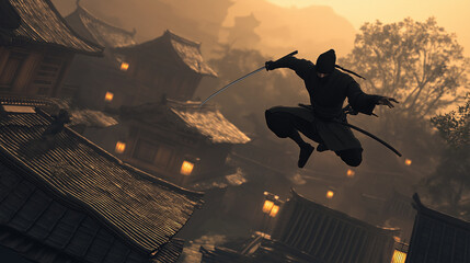 A stealthy 3D ninja with a black outfit and twin katanas, leaping across rooftops in an ancient Japanese village with lanterns and shadows, the mood is tense and mysterious with a sense of stealth,