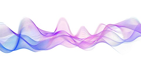 Colorful vector wavy lines on a white background, with a blue, purple and lavender gradient sound wave in the shape of a curve for a music technology concept, showing sound waves and an audio spectrum