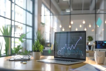 Leinwandbilder - Bright office features a laptop with a rising growth graph, surrounded by greenery and natural light, creating an inspiring work environment. Generative AI