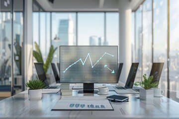 Fototapete - A bright and stylish office filled with natural light, showcasing multiple computer monitors displaying growth charts and a clean desktop environment. Generative AI