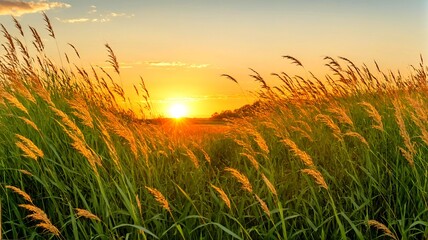 Countryside Tranquility: A serene and peaceful landscape depicting a vast field under a golden sunset sky, offering a sense of calm and relaxation. 1