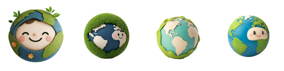 
Set of 3D cute happy cartoon earth environment day concept, isolated on white background, 