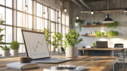 Leinwandbilder - A well-designed office space filled with plants, bright sunlight, and a laptop displaying a rising graph, promoting a productive atmosphere. Generative AI
