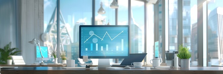 Poster - A bright office features large windows, a stylish desk with a computer displaying graphs, and greenery, creating an inviting workspace. Generative AI