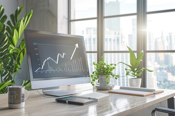 Poster - A sleek workspace featuring a computer displaying growth charts and greenery, illuminated by sunlight streaming through large windows. Generative AI