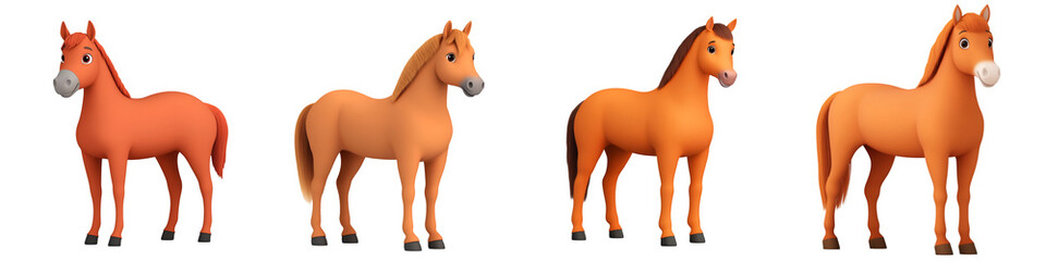 Set of 3D cute happy cartoon horse, isolated on white background,