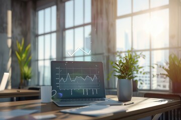 Leinwandbilder - Natural light pours into a sleek office, highlighting a laptop with data graphs, surrounded by plants and a coffee cup, creating an inspiring work environment. Generative AI