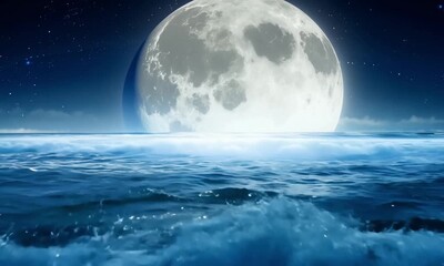 Wall Mural - A moonlit night over the ocean with a giant, glowing full moon casting silver light on the gentle wave