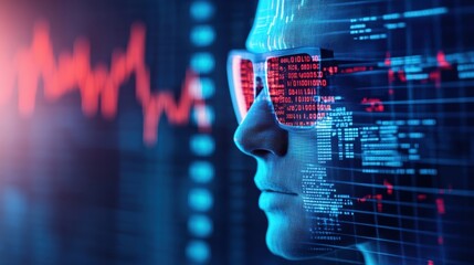 Futuristic AI concept with person wearing glasses analyzing data on screen with red graph and blue coding elements.