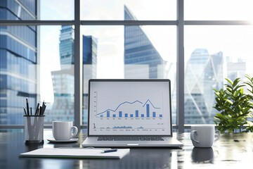 Leinwandbilder - Sunlight floods a contemporary office featuring a laptop with business charts, inviting an atmosphere of productivity and focus. Generative AI