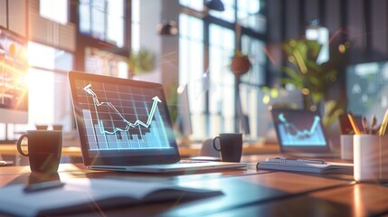 Leinwandbilder - A contemporary office setup featuring sleek desks, bright natural light, and laptops displaying increasing data trends and growth metrics. Generative AI
