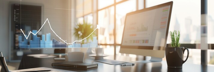 Leinwandbilder - A sleek office features large windows that flood the workspace with natural light, showcasing interactive data visualizations on the computer screen. Generative AI