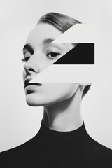 Abstract Portrait of Woman with Geometric Overlay and Monochrome Artistic Design