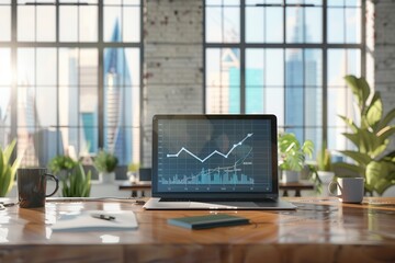 Leinwandbilder - A stylish office features large windows, allowing natural light to illuminate a workspace with a laptop displaying a growth graph and coffee mugs. Generative AI