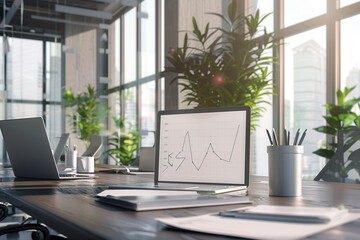 Poster - A sleek office features large windows providing natural light, with a laptop displaying analytics amidst greenery and organized workspace essentials. Generative AI