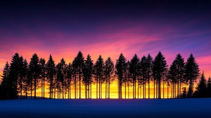 Wall Mural - silhouetted trees against a vibrant orange and purple dusk sky, leaving ample copy space in the cent
