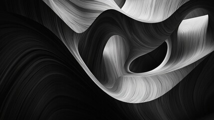 A dramatic black and white photograph of swirling rock formations in a canyon. The image captures the abstract beauty of nature, with flowing lines and shadows creating a sense of depth and mystery.